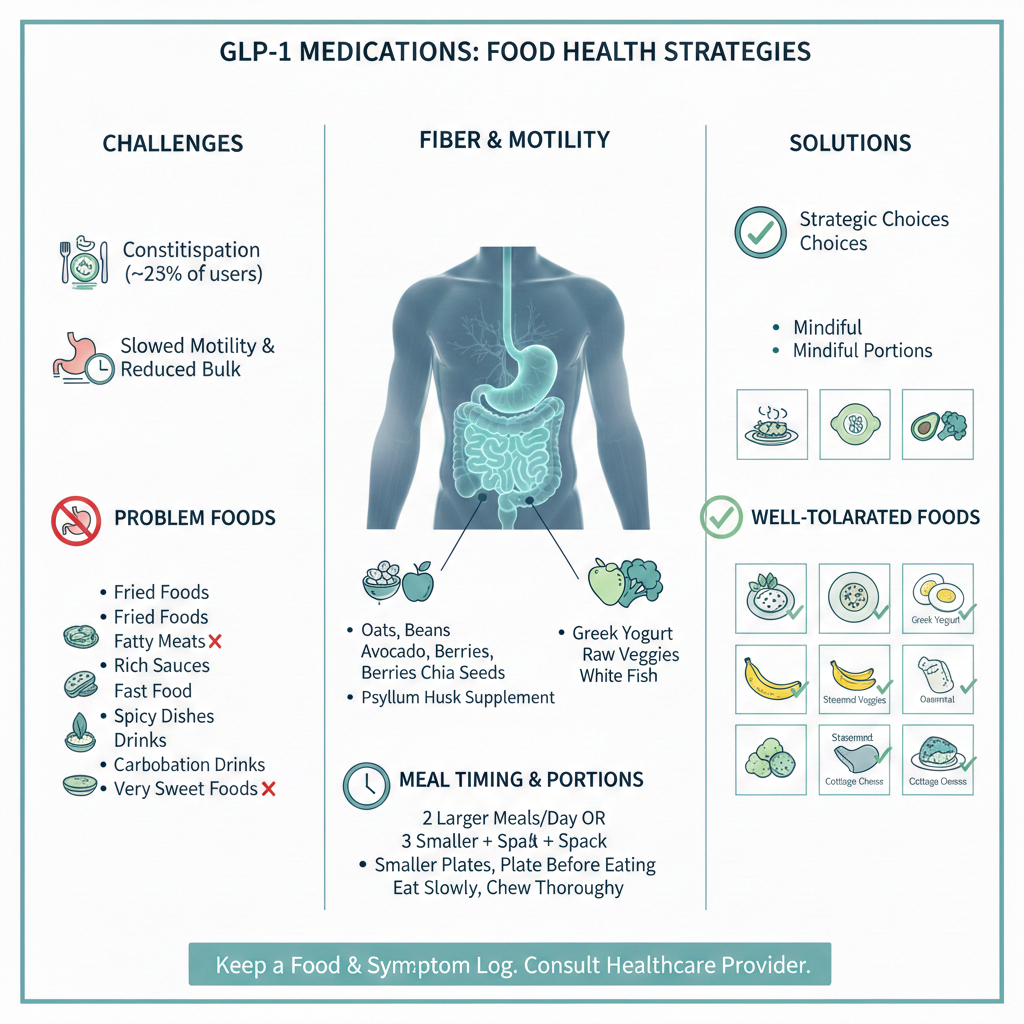 Infographic about GLP-1 food health strategies, showing common challenges like constipation and slowed motility, plus better food choices, meal timing and foods to limit.