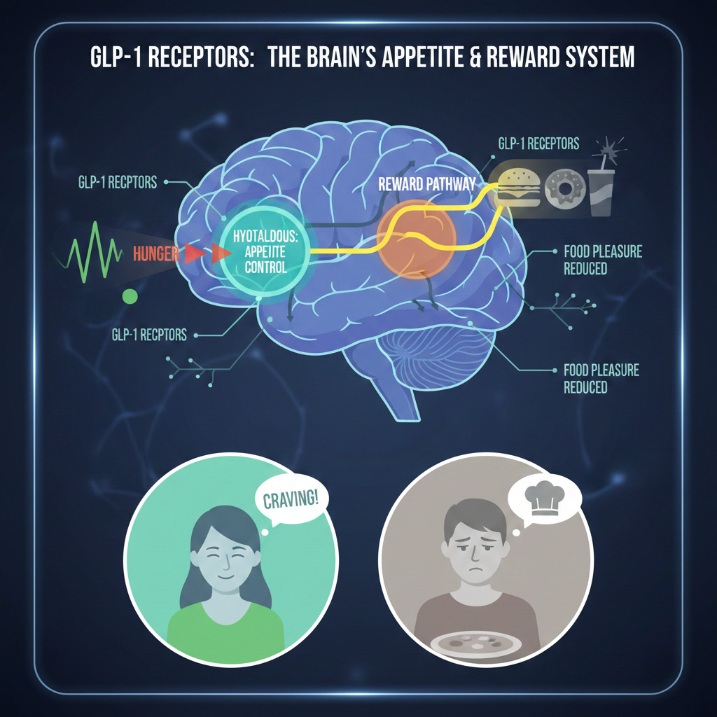 Infographic showing how GLP-1 receptors influence the brain’s appetite control and reward pathways, reducing hunger signals and food pleasure, with illustrations of decreased cravings and appetite.