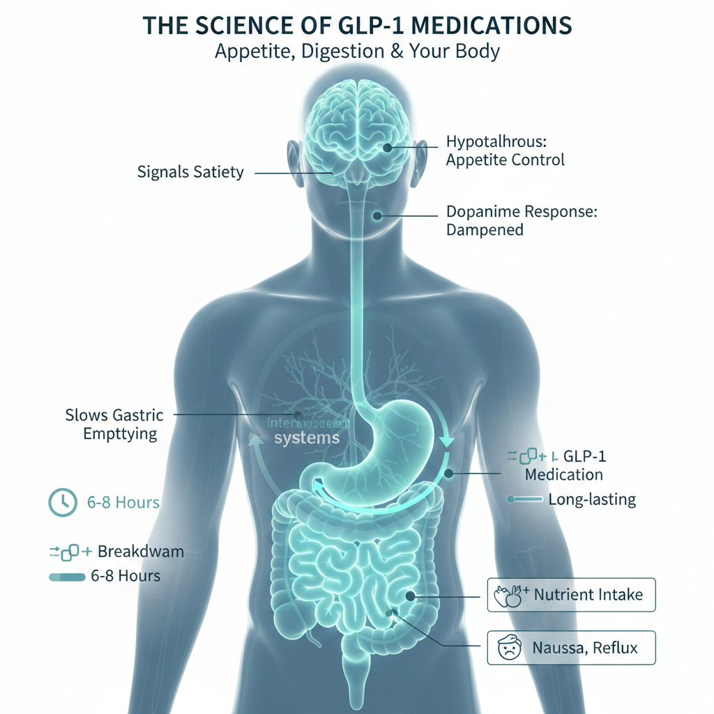 Infographic explaining how GLP-1 medications affect appetite, satiety, gastric emptying, digestion and common side effects like nausea and reflux.