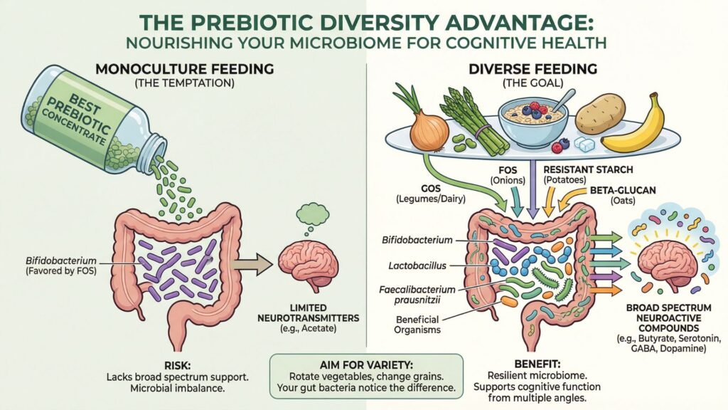 Infographic comparing monoculture prebiotic supplements to diverse food sources like FOS, GOS, resistant starch, and beta-glucan for nurturing broad microbiome diversity and cognitive health.