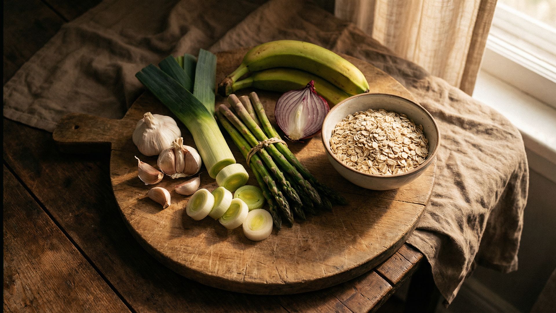 Overhead view of prebiotic-rich foods including garlic, leeks, asparagus, bananas, and oats arranged on a rustic cutting board in natural light