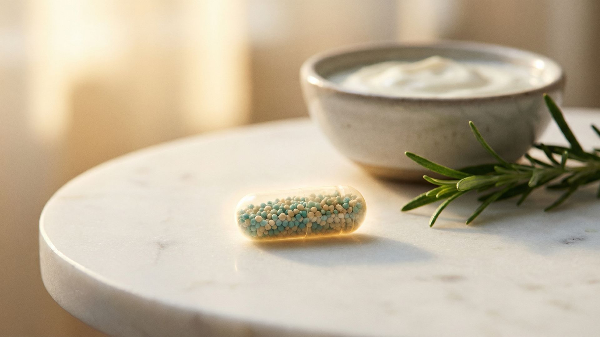 A translucent probiotic capsule on a marble surface next to a bowl of yogurt and rosemary, representing evidence-based probiotics for anxiety and depression