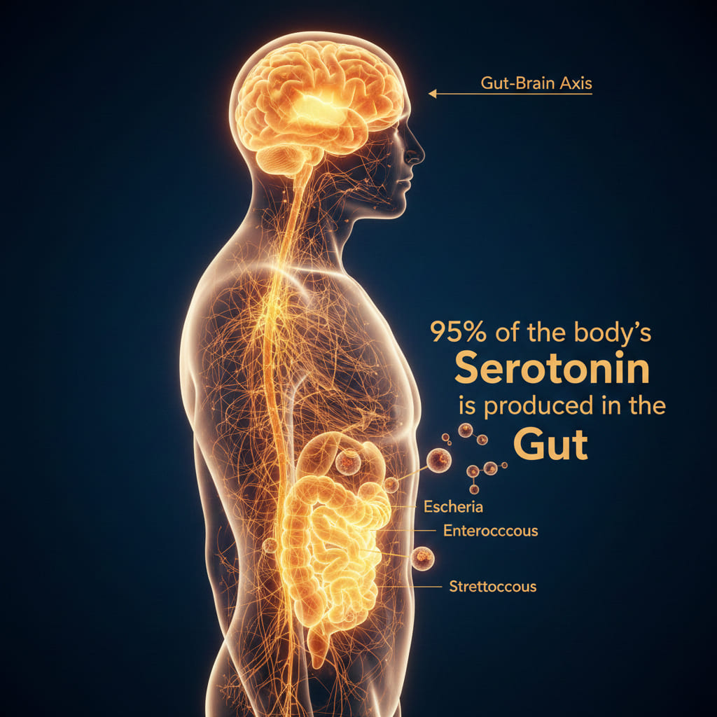 Side-view glowing human silhouette showing the gut-brain axis, with illuminated brain and digestive system connected by neural pathways and highlighted gut microbes.
