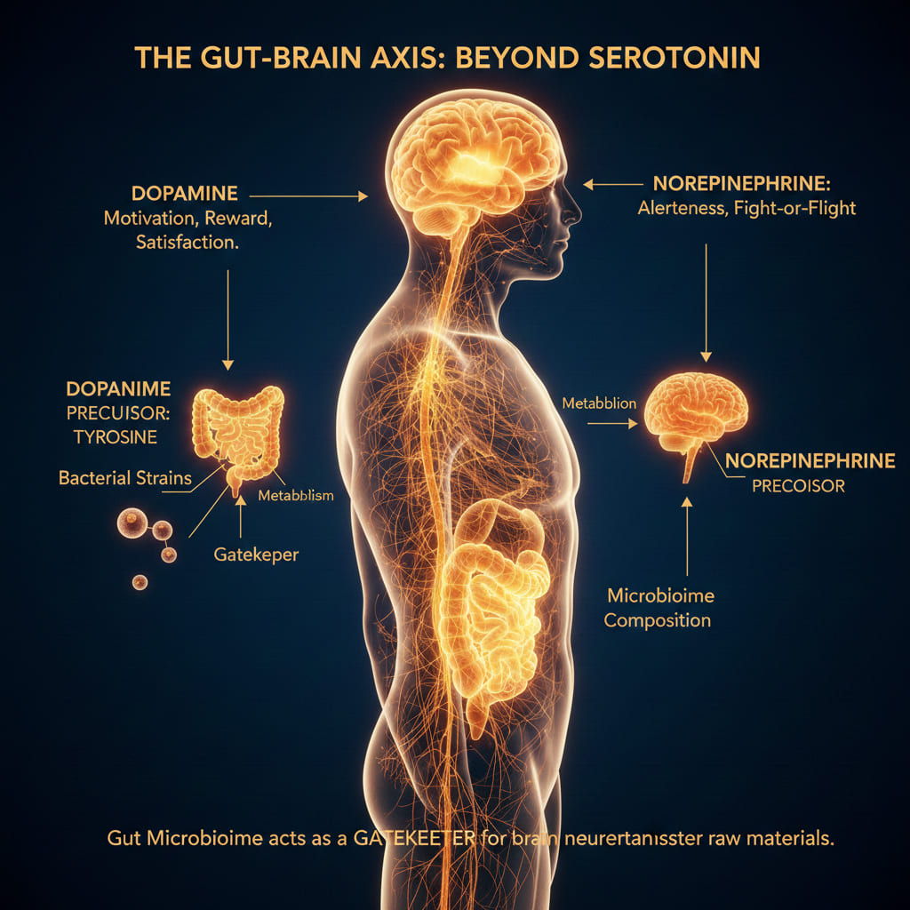 Infographic showing the gut-brain axis beyond serotonin, highlighting how gut microbes influence dopamine and norepinephrine production, motivation, alertness and neurotransmitter precursors.