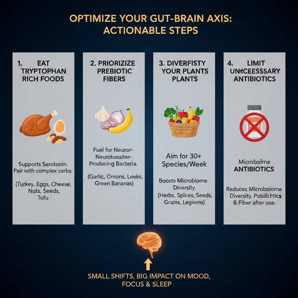 Infographic with four actionable steps to optimize the gut-brain axis: eat tryptophan-rich foods, prioritize prebiotic fibers, diversify plant foods, and limit unnecessary antibiotics, with a note about improving mood, focus and sleep.