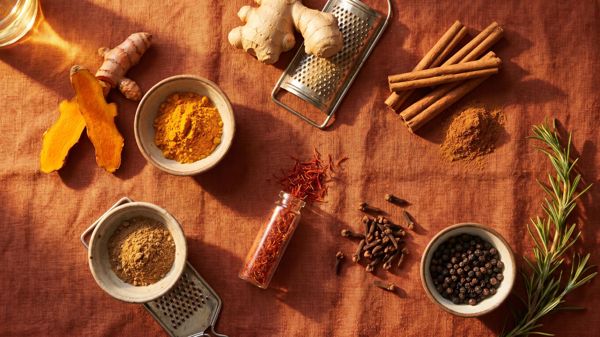 An overhead editorial flat lay of therapeutic spices including fresh turmeric root, ginger, cinnamon sticks, saffron threads, cloves, black peppercorns, and rosemary arranged in ceramic bowls on a warm terracotta linen cloth with raking afternoon light.