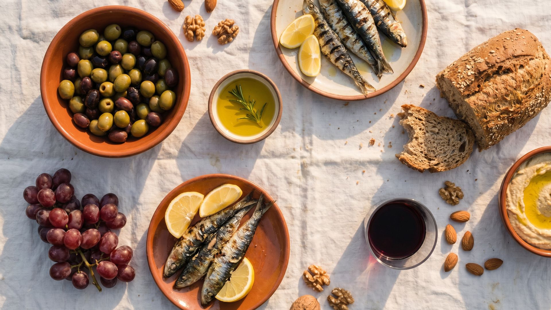 An overhead editorial photograph of a Mediterranean diet table spread featuring olives, sardines, whole-grain bread, grapes, hummus, walnuts, olive oil, and a glass of red wine on a white linen tablecloth in warm golden light.