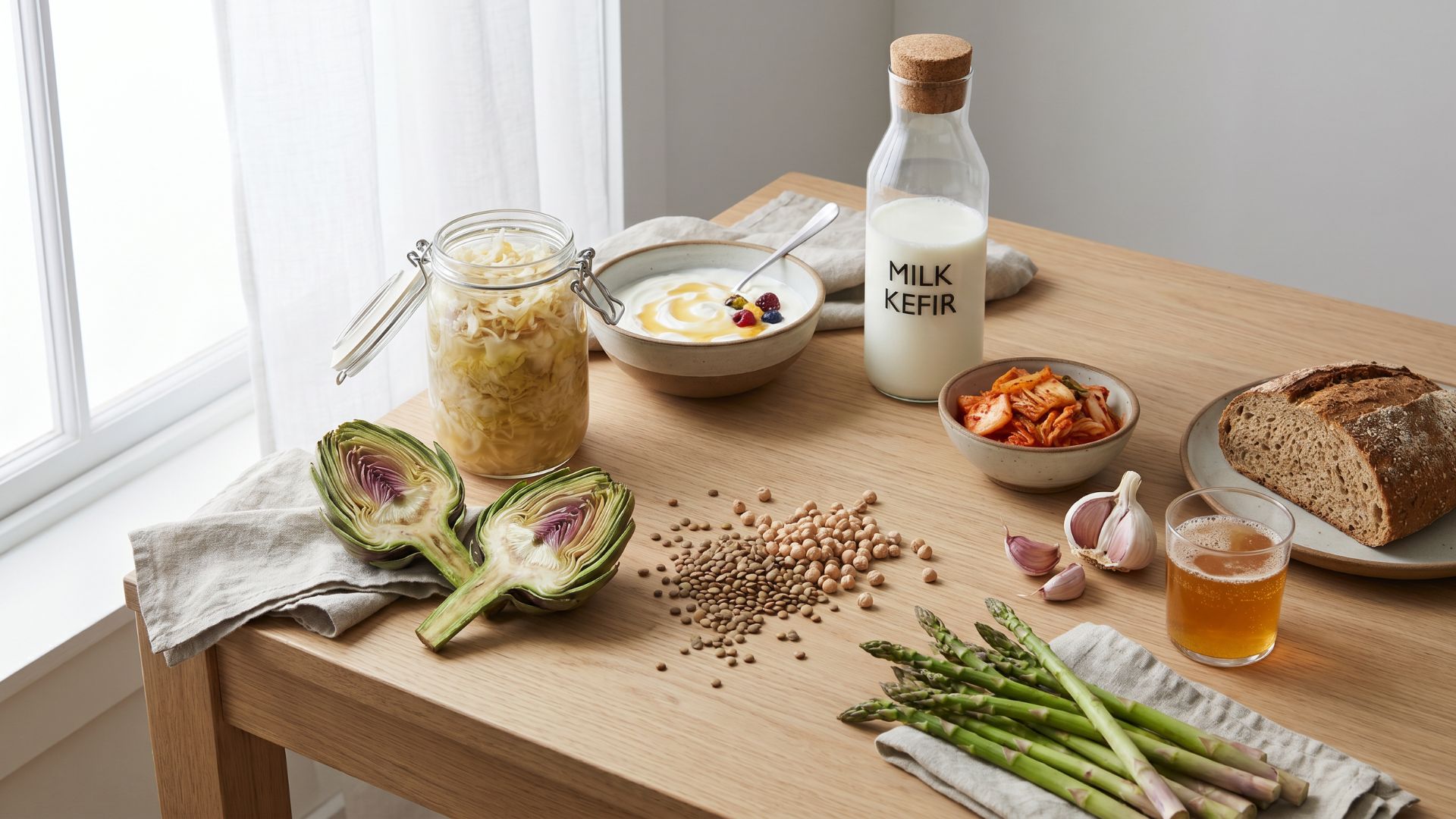 An editorial photograph of gut health foods including sauerkraut in a glass jar, plain yogurt, milk kefir, kimchi, artichoke, lentils, asparagus, garlic, whole grain bread, and kombucha arranged on a light oak wood surface in soft natural light.