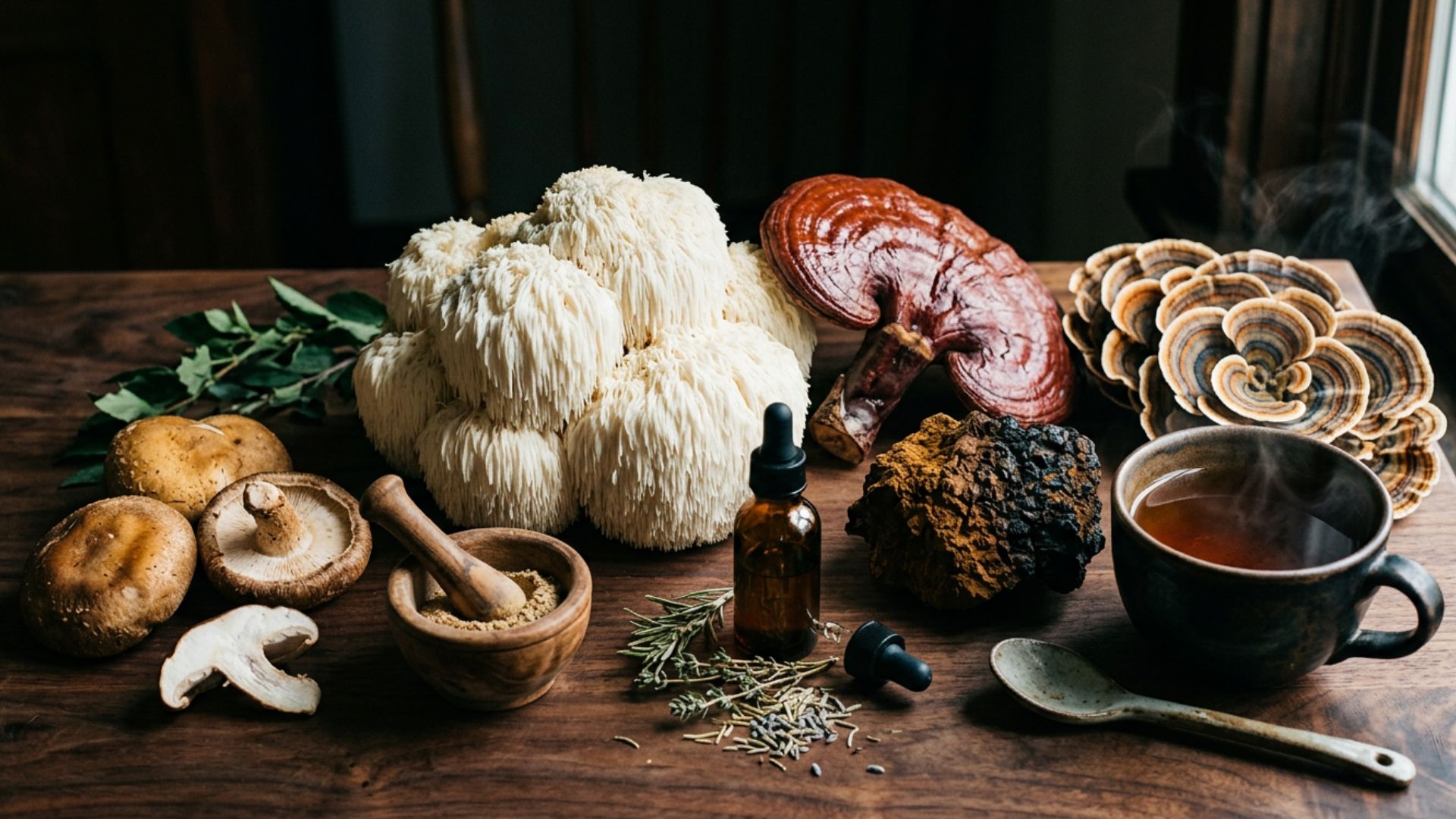 A dramatic editorial still-life of functional mushrooms including Lion's Mane, Reishi, Chaga, Turkey Tail, and Shiitake arranged on a dark walnut wood surface with a glass of Chaga tea and a wooden mortar, lit by directional natural light.