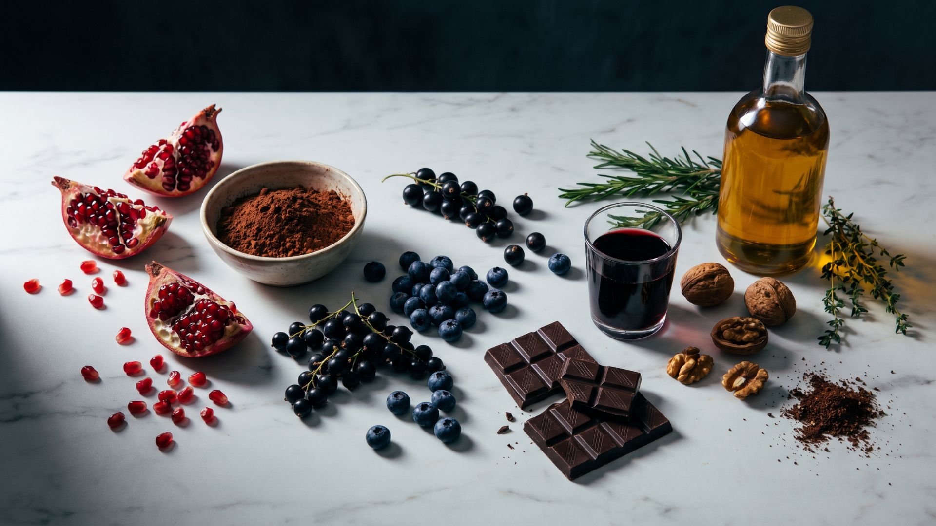 A cinematic flat lay of polyphenol-rich foods including pomegranate, blueberries, dark chocolate, red wine, walnuts, cocoa powder, olive oil, and fresh herbs arranged on a marble surface with moody natural lighting.
