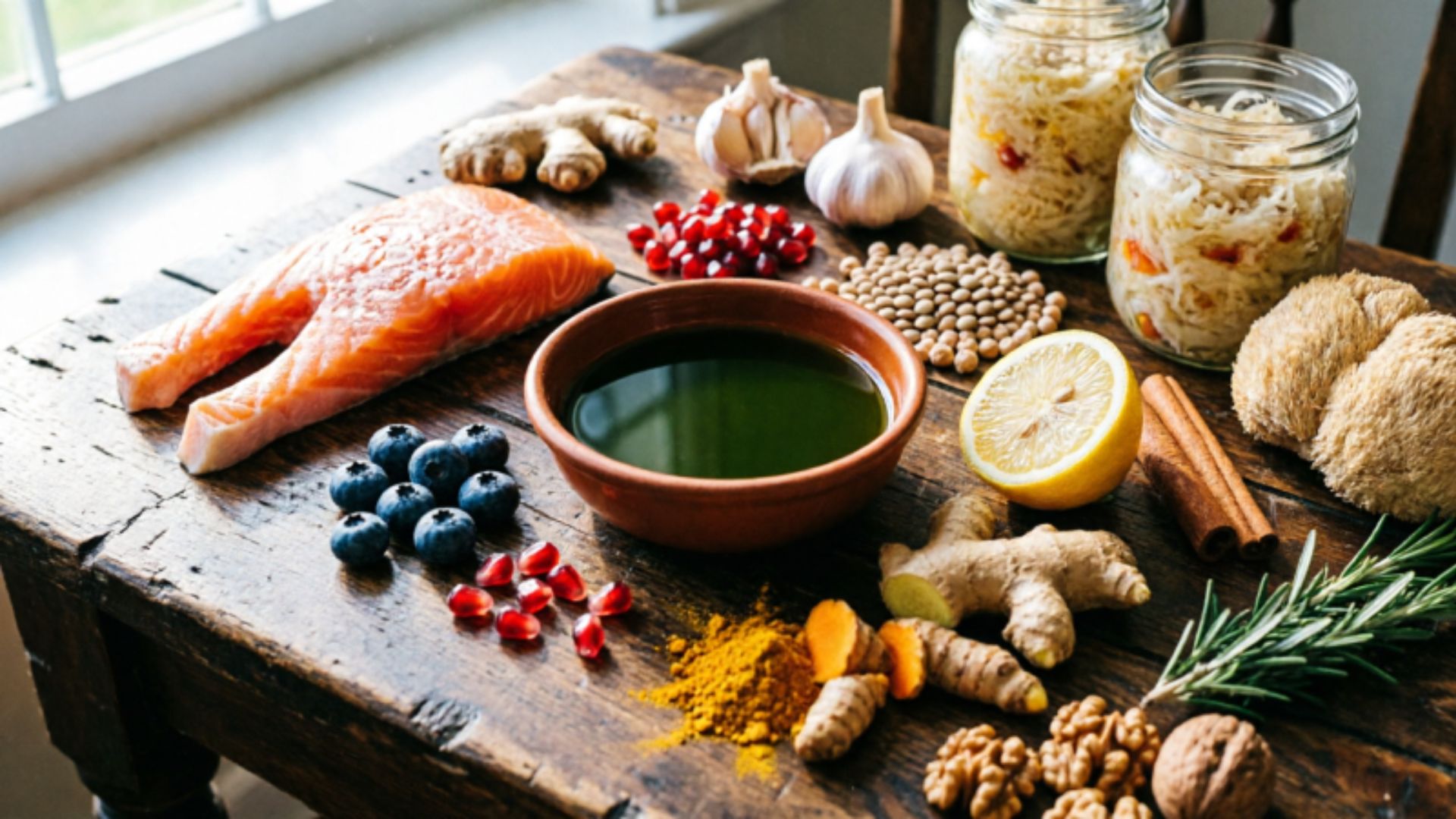 A cinematic editorial spread of whole therapeutic foods including wild salmon, olive oil, blueberries, pomegranate, turmeric, ginger, garlic, lentils, sauerkraut, Lion's Mane mushroom, cinnamon, walnuts, and rosemary arranged on a dark oak table with warm dramatic natural light.