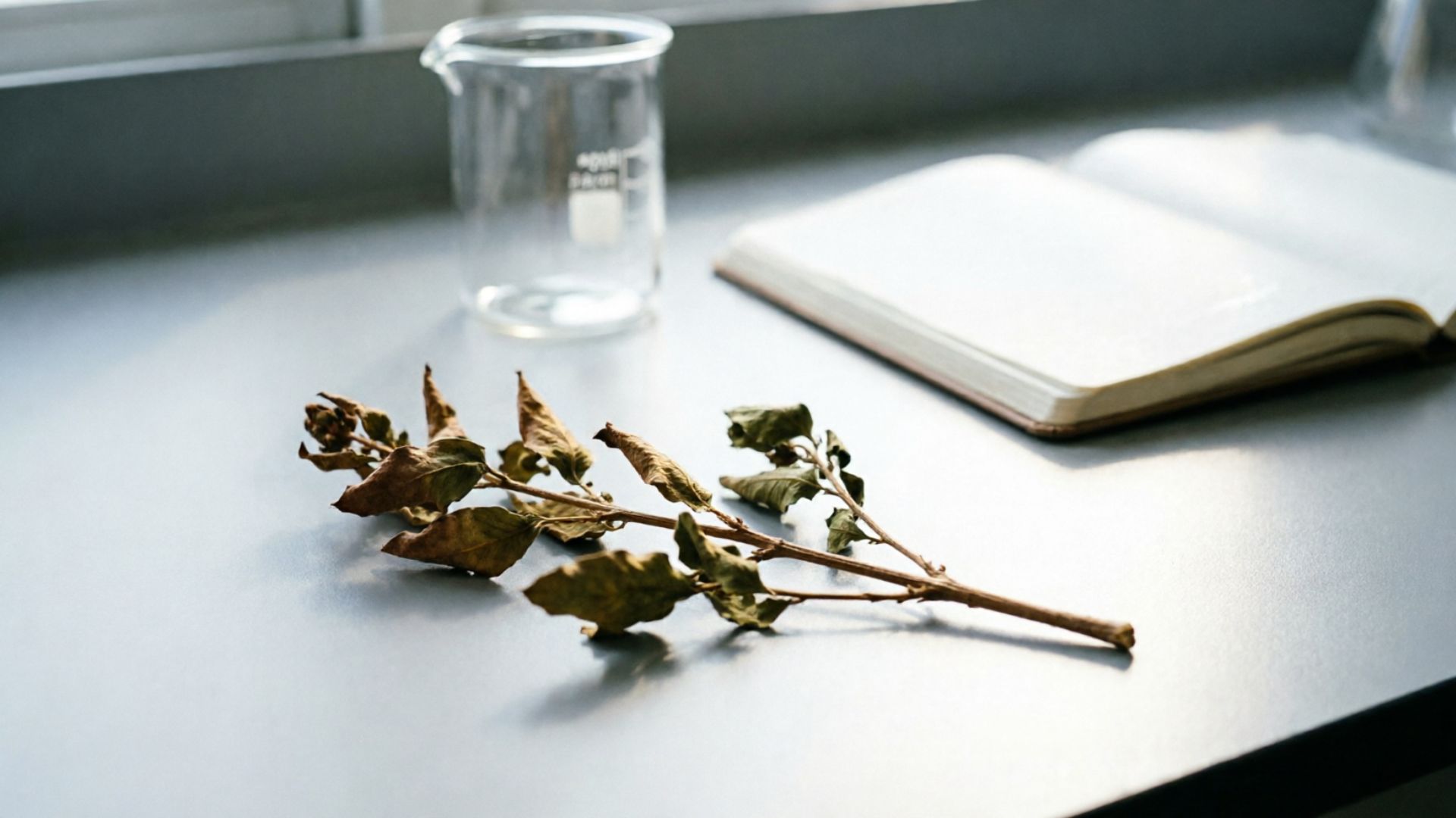 Dried fadogia agrestis plant specimen on a gray laboratory surface with soft natural light, representing the herb studied for testosterone support and its ongoing safety questions.