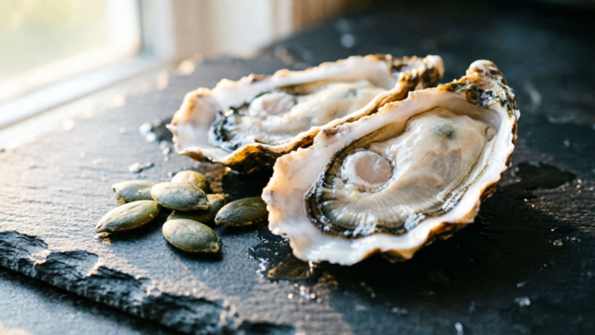 Raw pumpkin seeds and fresh oysters on a dark slate surface with warm natural light, representing zinc-rich foods that support healthy testosterone production in men.