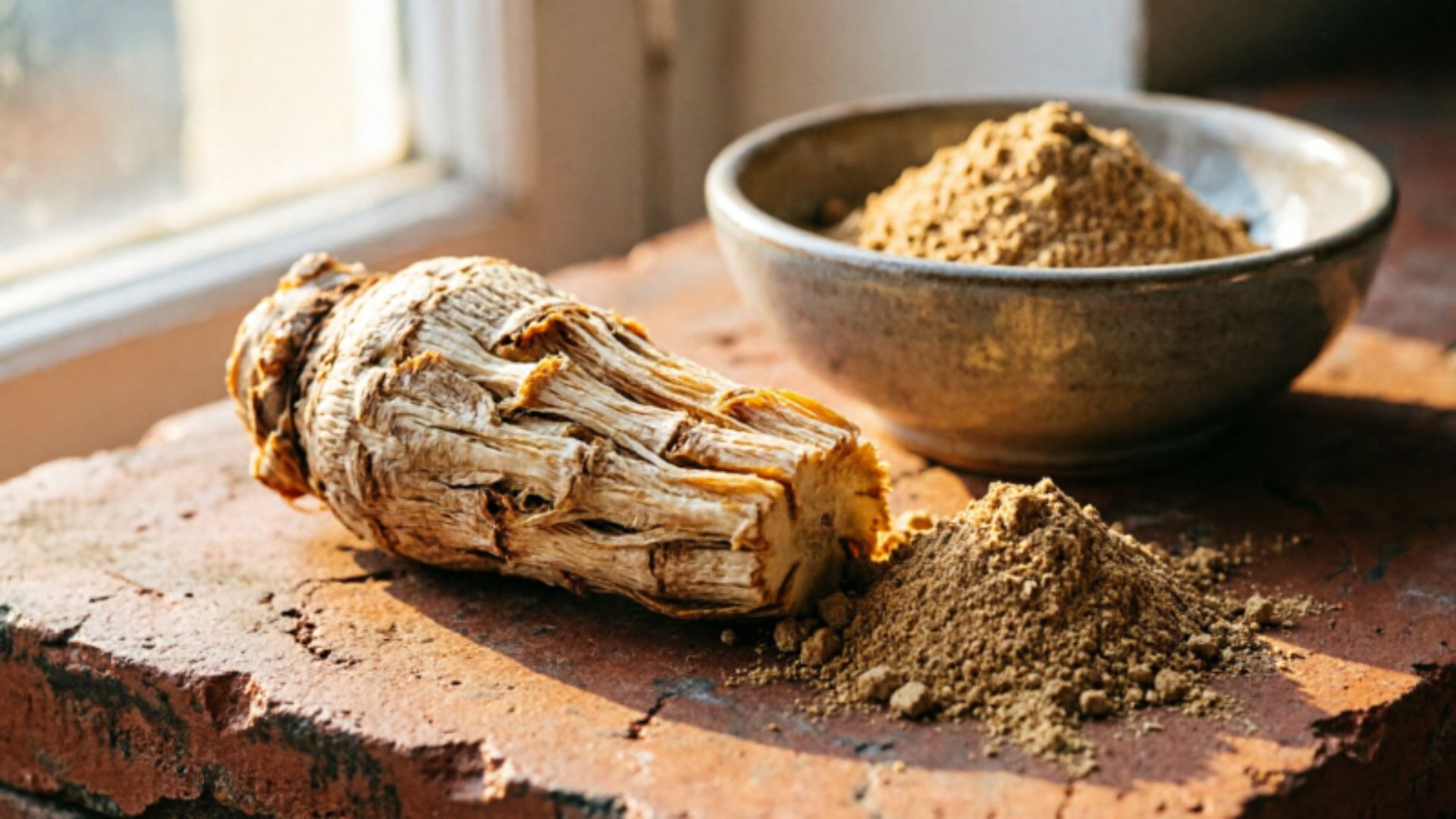 Raw ashwagandha root and dried powder on a terracotta surface with warm golden light, representing the adaptogenic herb studied for cortisol reduction and testosterone support in men.
