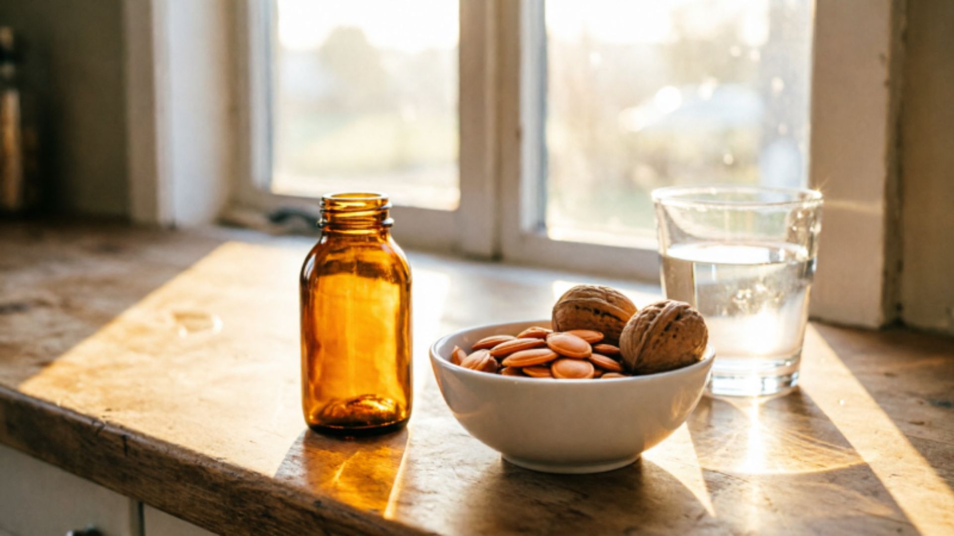 Warm morning sunlight through a window illuminating a wooden surface with an unlabeled supplement bottle, pumpkin seeds, and a glass of water, representing vitamin D supplementation and its role in supporting healthy testosterone levels in men.