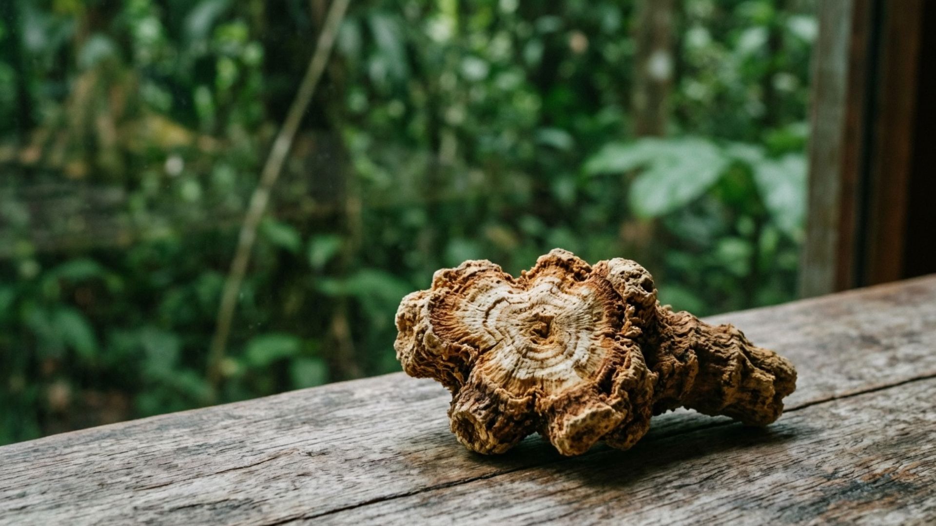 Close-up of dried tongkat ali root on a wooden surface with natural light and blurred green background, representing the Southeast Asian herb used for testosterone support.