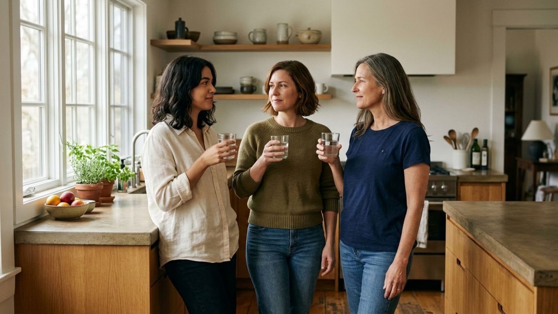 : Three women of different ages standing together in warm natural window light, representing the different hormonal life stages addressed in a women's supplement guide, from the cycle years through menopause.