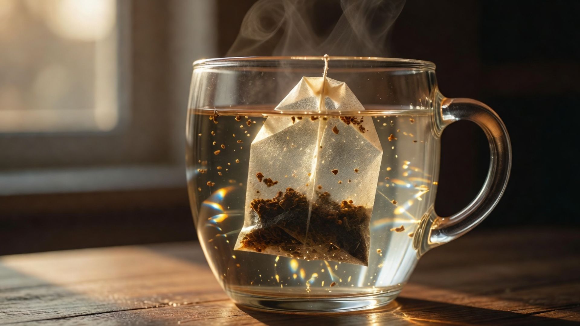 A nylon pyramid teabag steeping in a glass cup of hot water, backlit by warm morning light, illustrating the microplastic release risk from plastic teabags during brewing.