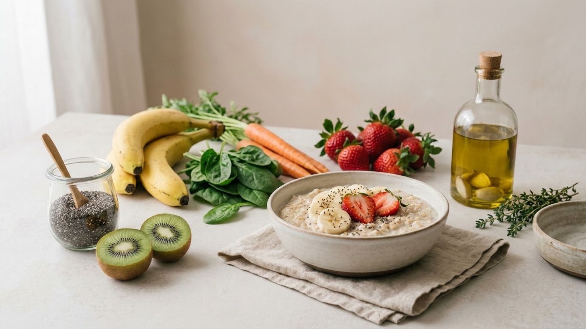 Low FODMAP fiber foods including oats, kiwi, firm bananas, chia seeds, carrots, and spinach arranged on a light surface