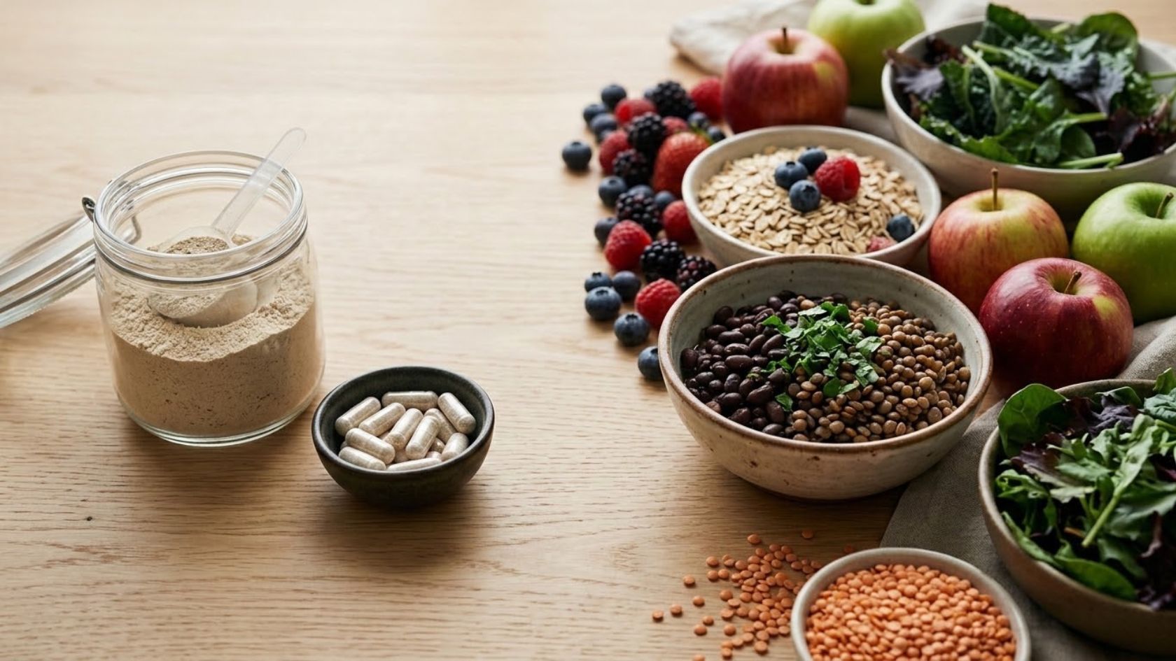 Fiber powder and capsules on one side and whole fiber foods like beans, oats, apples, and berries on the other, compared side by side