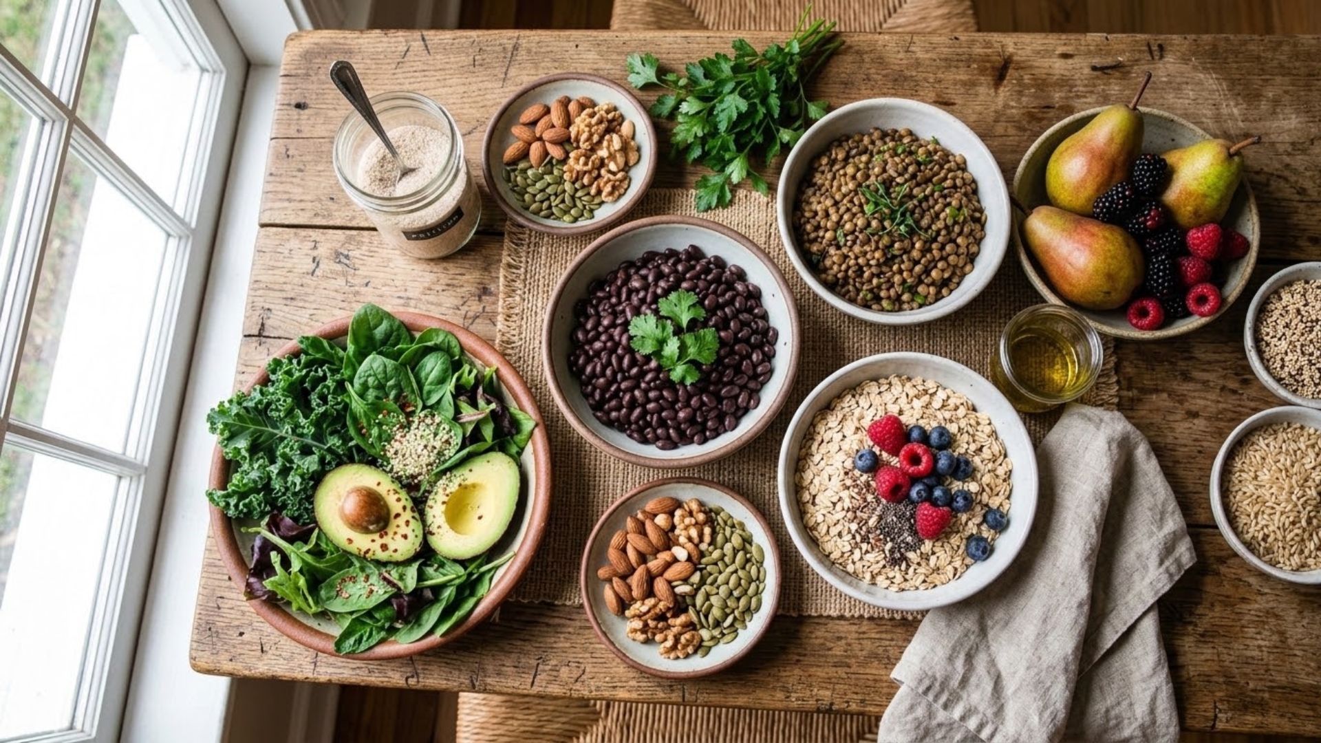 An abundant overhead spread of high-fiber foods including beans, lentils, oats, berries, avocado, and seeds on a rustic wooden table