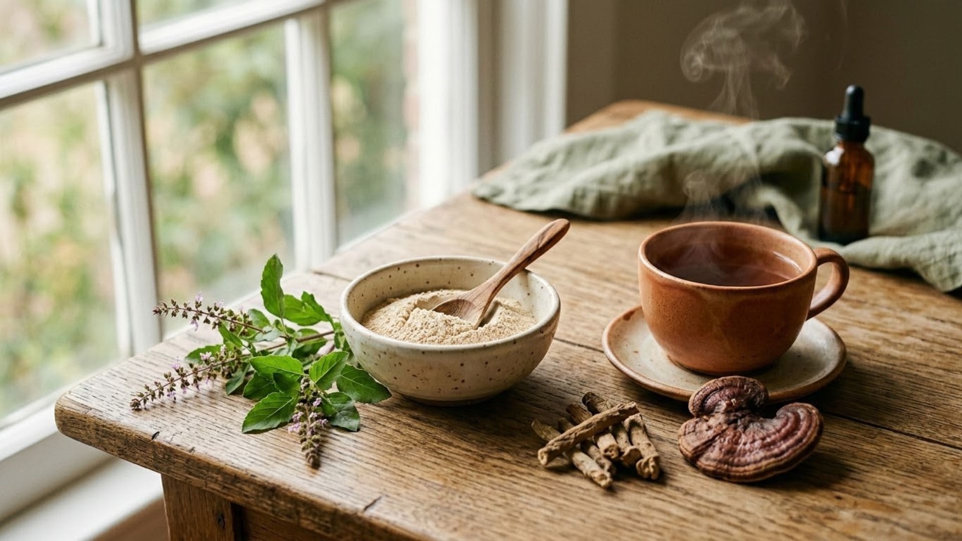 A calm arrangement of adaptogen herbs including ashwagandha powder, holy basil, rhodiola root, and reishi mushroom beside a cup of herbal tea in soft window light
