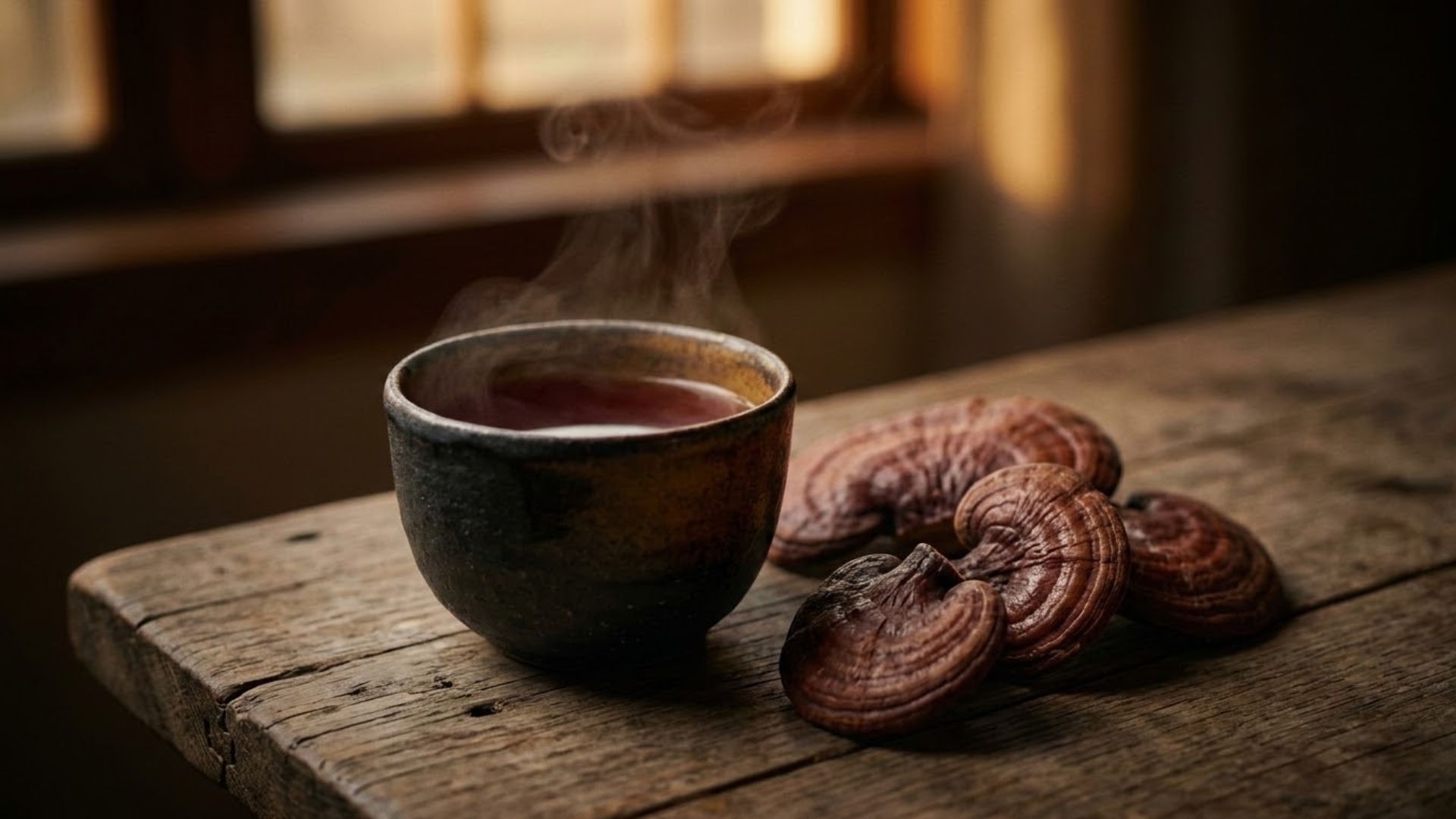 A dark ceramic cup of steaming reishi mushroom tea beside dried reishi mushrooms on a wooden table in warm evening light, illustrating reishi for stress and calm focus