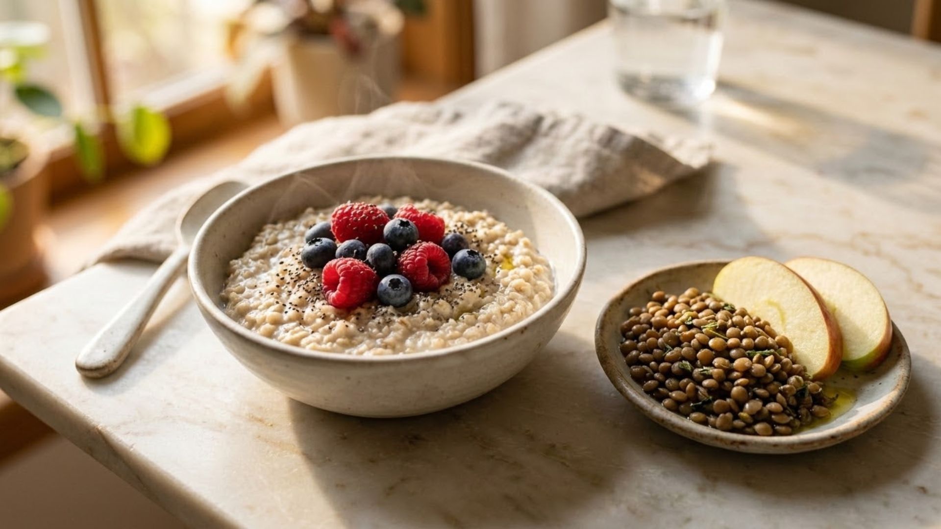 Bowl of oats with berries and chia seeds beside lentils and sliced apple, foods that help steady blood sugar