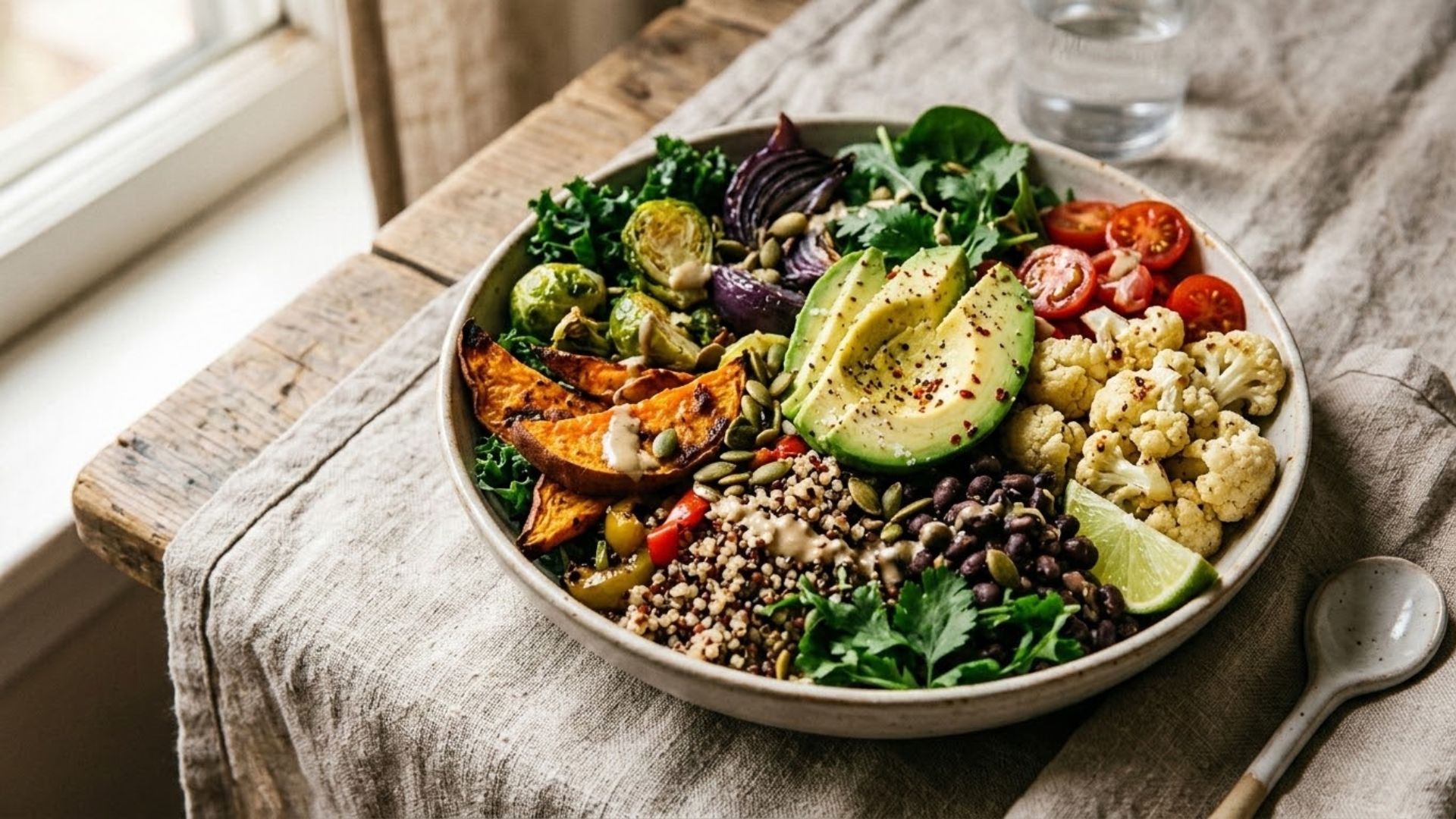Large abundant bowl of roasted vegetables, black beans, quinoa, and avocado, high-fiber foods that promote fullness for weight loss