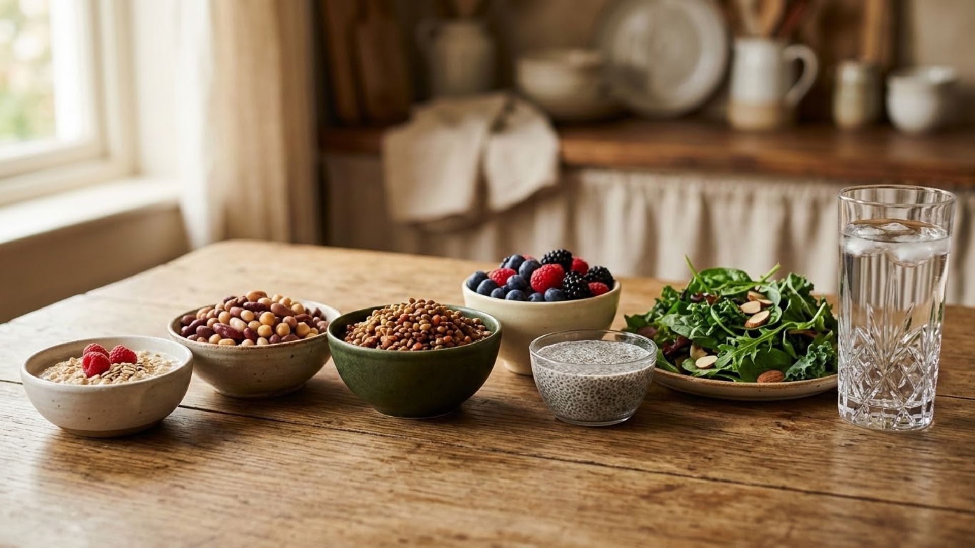 A gradual progression of high-fiber foods from oats to beans, lentils, and greens with a glass of water, showing how to increase fiber intake slowly