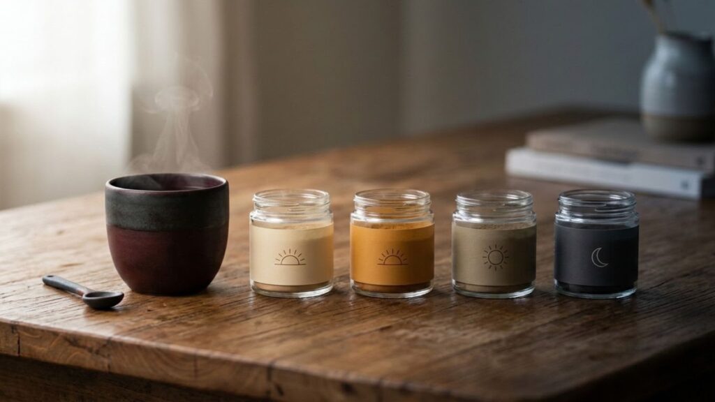 A cup of reishi tea beside a row of adaptogen powder jars lit from morning to evening, illustrating calm focus and how to stack adaptogens safely