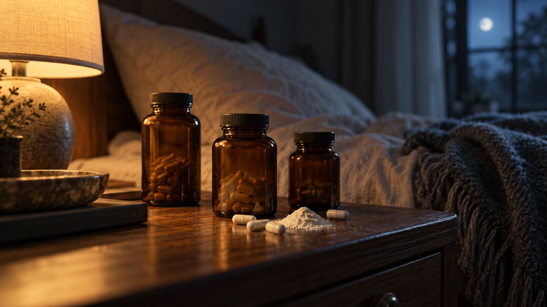 Three amber magnesium supplement bottles with scattered capsules on a nightstand lit by warm lamp light and cool moonlight